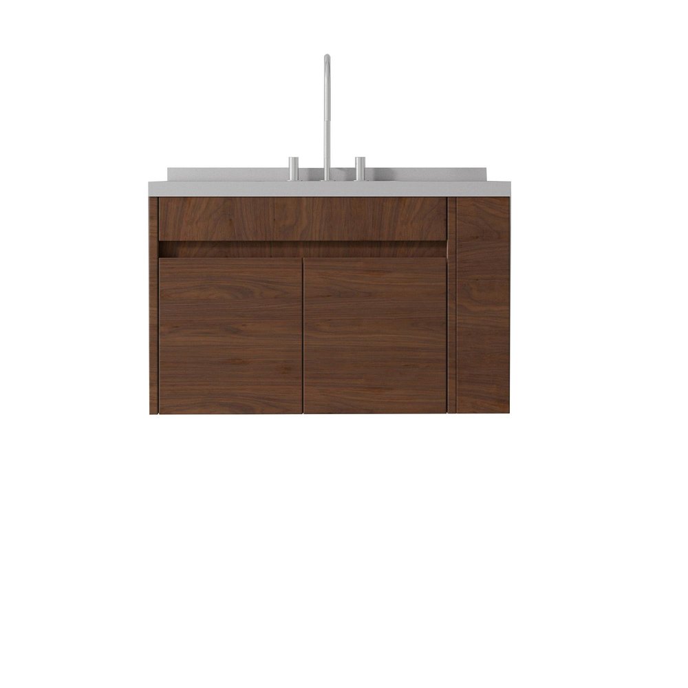 36" Brown Wood Floating Double Door Bathroom Vanity With White Sink