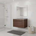 36" Brown Wood Floating Double Door Bathroom Vanity With White Sink on a white background