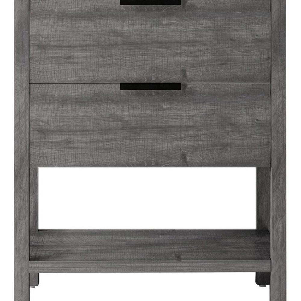 30" Gray Wood Freestanding Bathroom Vanity With White Sink And Two Drawers. Bathroom vanity isolated on a plain white background, showing a gray wood surface.