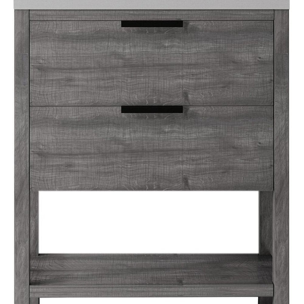 30" Gray Wood Freestanding Bathroom Vanity With White Sink And Two Drawers. Bathroom vanity isolated on a plain white background, in a gray wood finish.
