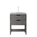 30" Gray Wood Freestanding Bathroom Vanity With White Sink And Two Drawers. Bathroom vanity isolated on a plain white background, finished in gray wood.