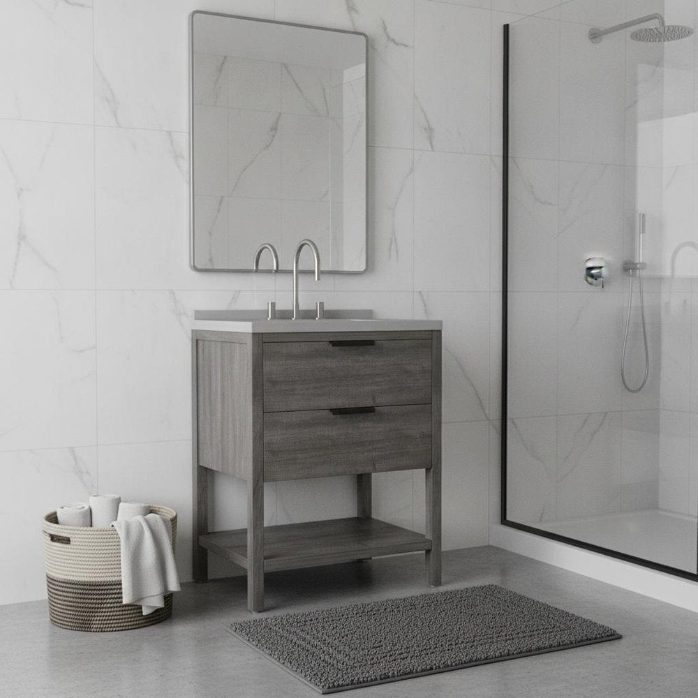30" Gray Wood Freestanding Bathroom Vanity With White Sink And Two Drawers