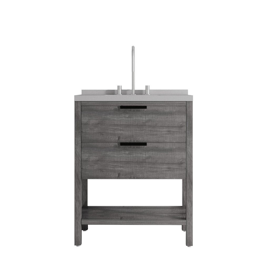 30" Gray Wood Freestanding Bathroom Vanity With White Sink And Two Drawers. Bathroom vanity isolated on a plain white background, in a gray wood finish.