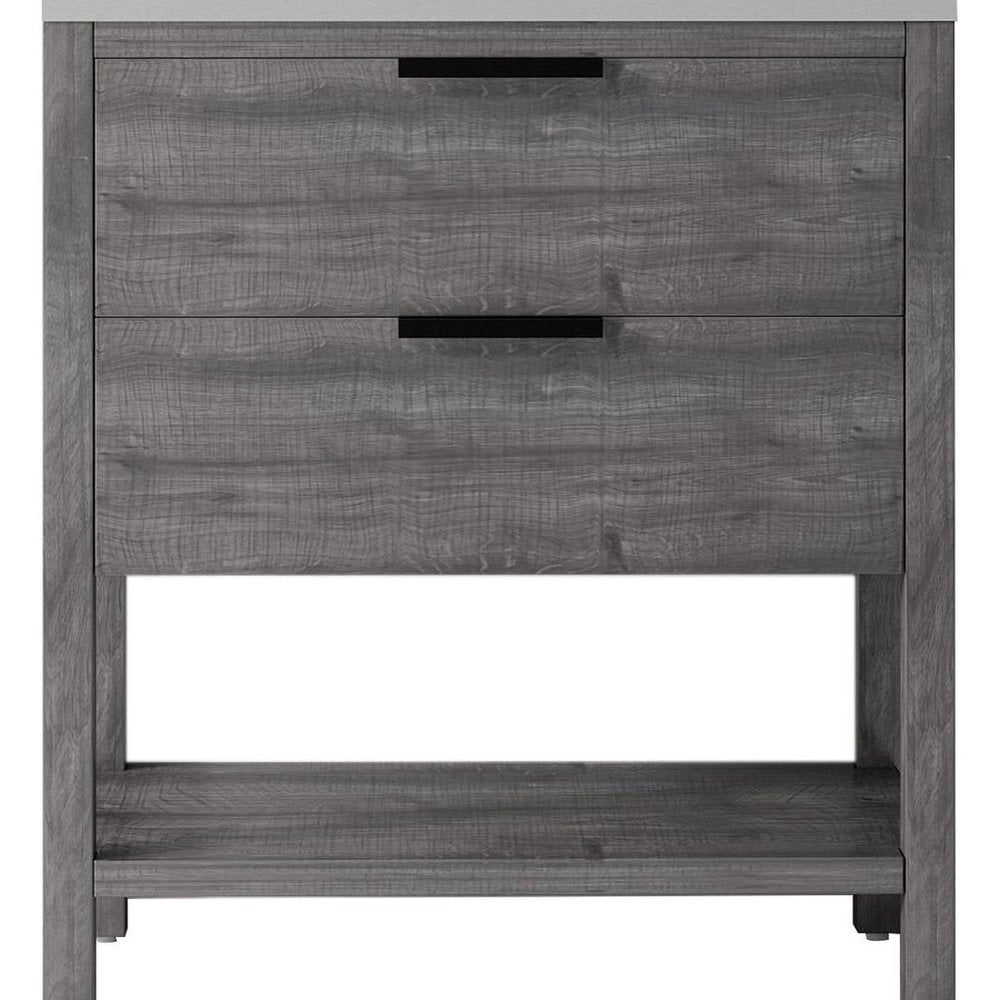 36" Gray Wood Freestanding Bathroom Vanity With White Sink And Two Drawers. Bathroom vanity isolated on a plain white background, showing a white wood surface.