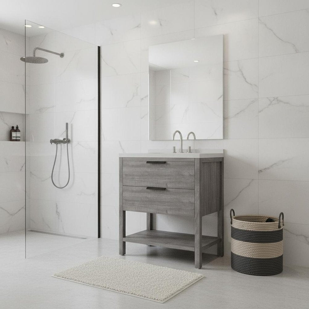 36" Gray Wood Freestanding Bathroom Vanity With White Sink And Two Drawers