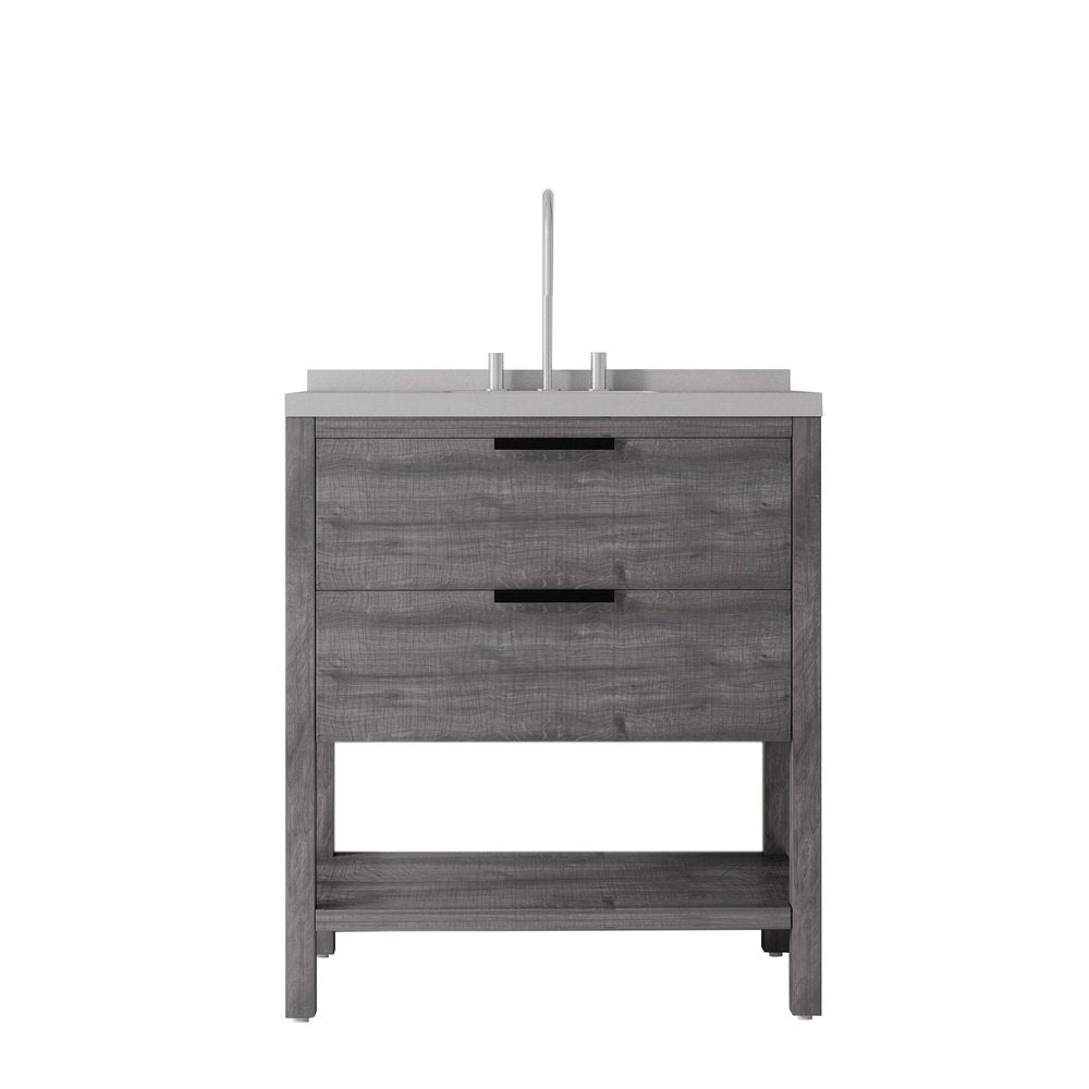 36" Gray Wood Freestanding Bathroom Vanity With White Sink And Two Drawers. Bathroom vanity isolated on a plain white background, finished in gray wood.