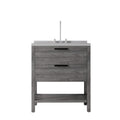 36" Gray Wood Freestanding Bathroom Vanity With White Sink And Two Drawers. Bathroom vanity isolated on a plain white background, finished in gray wood.