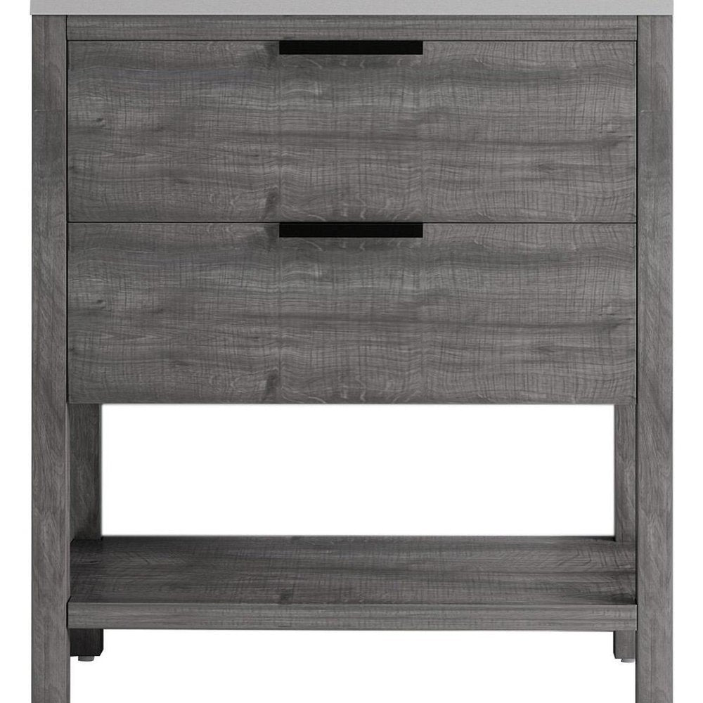 36" Gray Wood Freestanding Bathroom Vanity With White Sink And Two Drawers. Bathroom vanity isolated on a plain white background, in a gray wood finish.