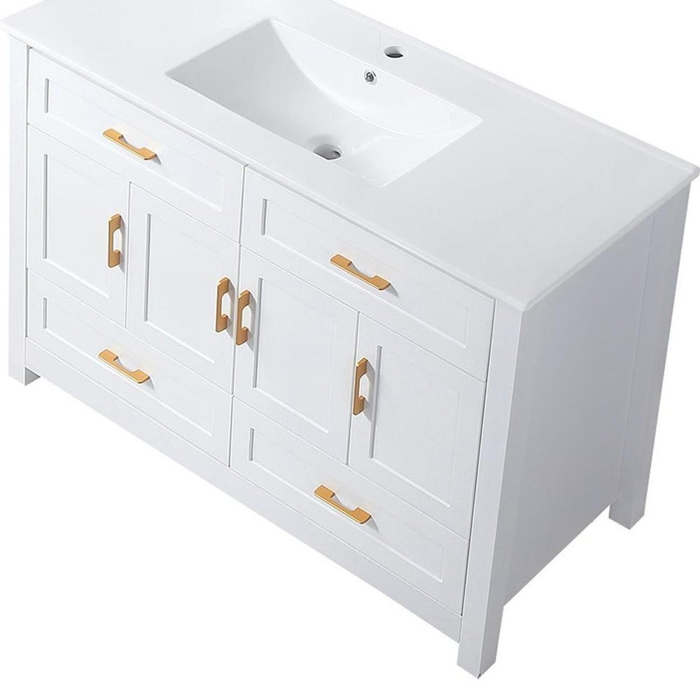 48" White Wood Freestanding Four Door Bathroom Vanity With Sink And Four Drawers. Bathroom vanity isolated on a plain white background, showing a white wood surface.
