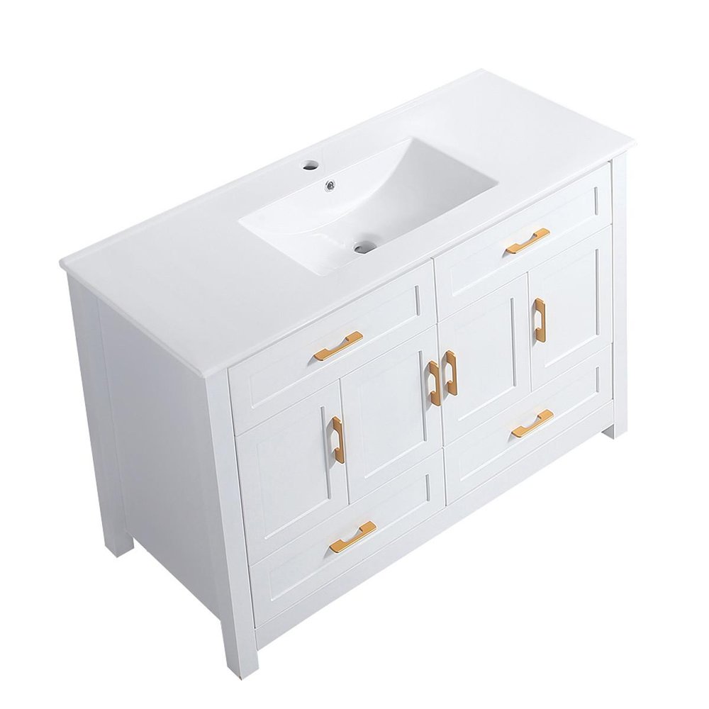 48" White Wood Freestanding Four Door Bathroom Vanity With Sink And Four Drawers