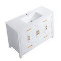 48" White Wood Freestanding Four Door Bathroom Vanity With Sink And Four Drawers. Bathroom vanity isolated on a plain white background, in a white wood finish.