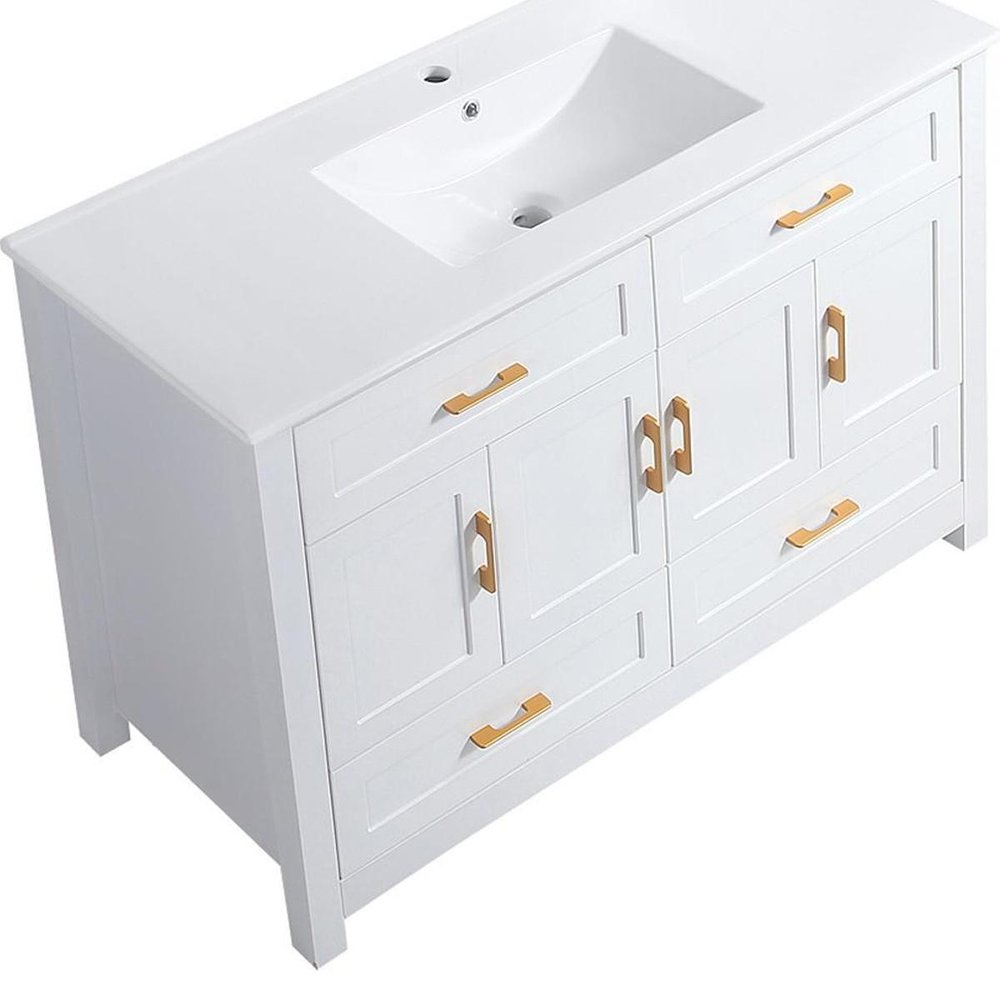 48" White Wood Freestanding Four Door Bathroom Vanity With Sink And Four Drawers