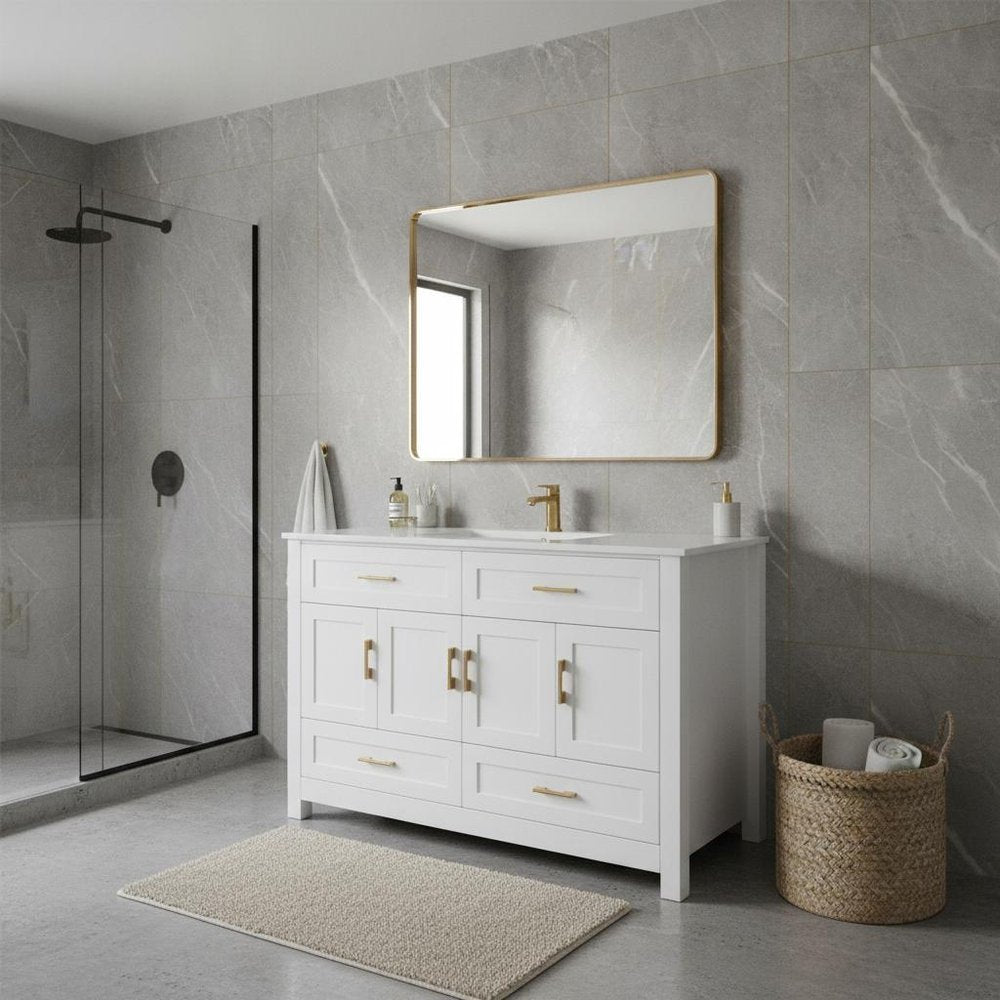 48" White Wood Freestanding Four Door Bathroom Vanity With Sink And Four Drawers