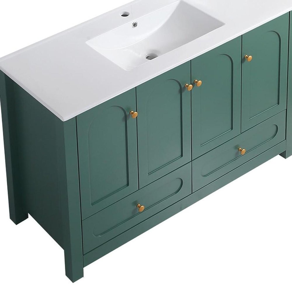 48" Green Wood Freestanding Four Door Bathroom Vanity With White Sink And Two Drawers