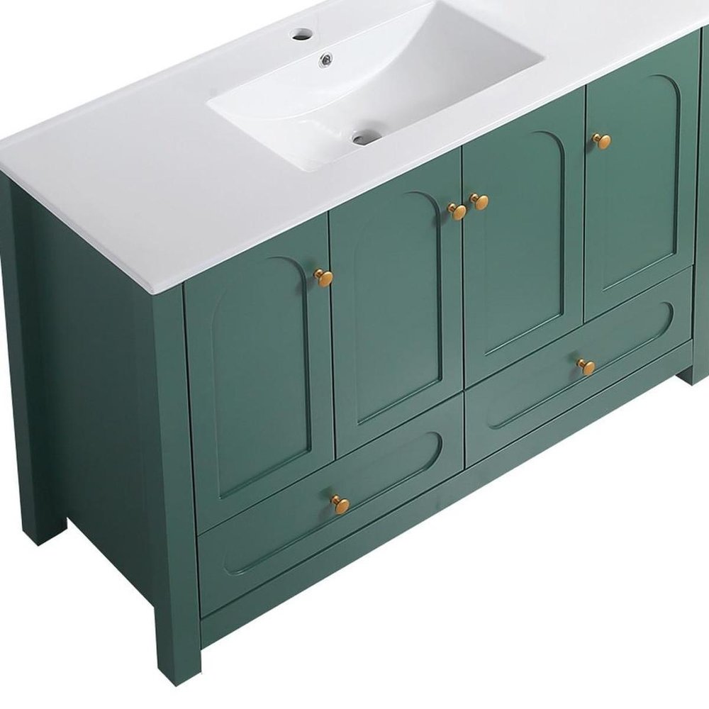 48" Green Wood Freestanding Four Door Bathroom Vanity With White Sink And Two Drawers. Bathroom vanity isolated on a plain white background, finished in white wood.