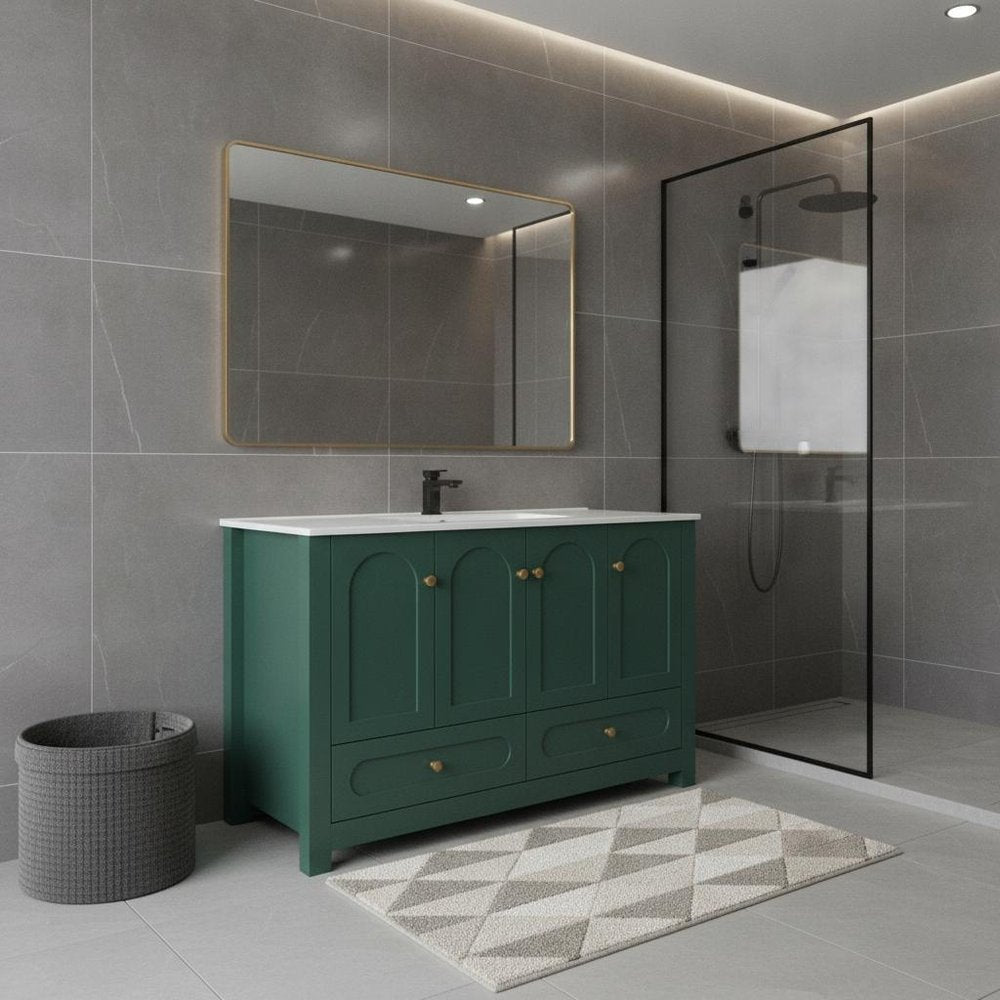 48" Green Wood Freestanding Four Door Bathroom Vanity With White Sink And Two Drawers