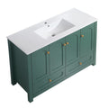 48" Green Wood Freestanding Four Door Bathroom Vanity With White Sink And Two Drawers. Bathroom vanity isolated on a plain white background, finished in white wood.