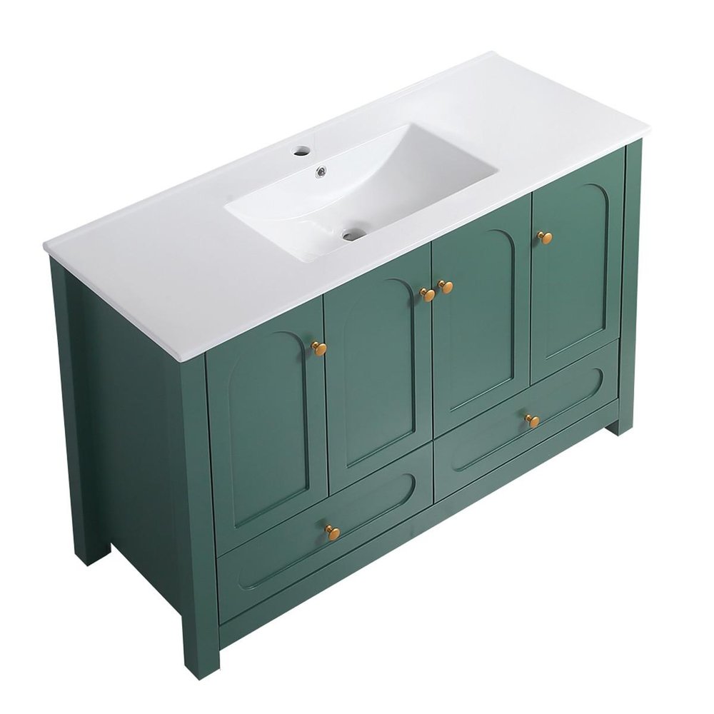 48" Green Wood Freestanding Four Door Bathroom Vanity With White Sink And Two Drawers. Bathroom vanity isolated on a plain white background, finished in white wood.