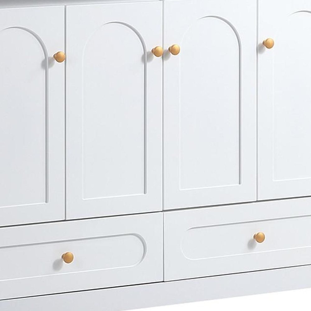 48" White Wood Freestanding Four Door Bathroom Vanity With Sink And Two Drawers. Bathroom vanity isolated on a plain white background, in a white wood finish.