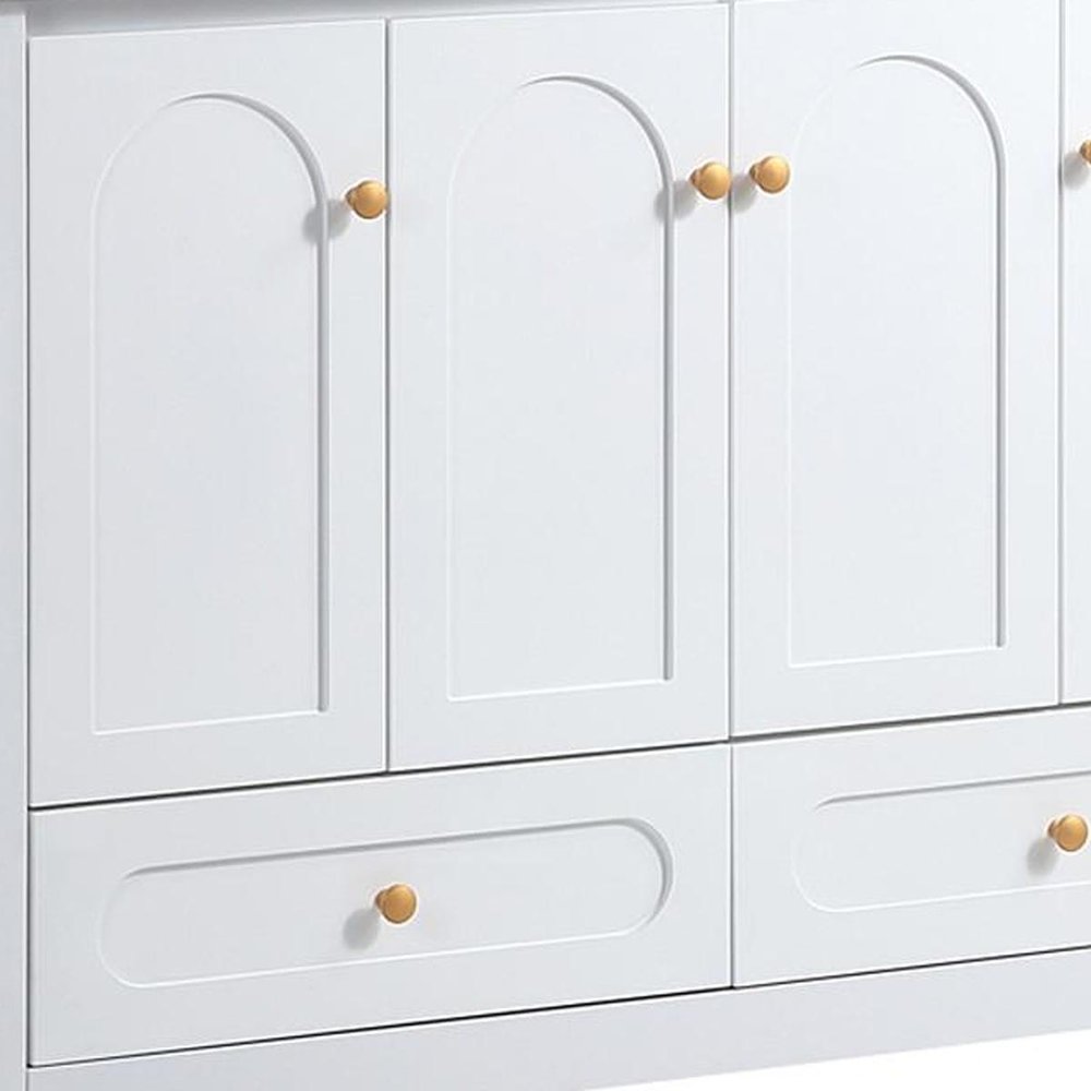 48" White Wood Freestanding Four Door Bathroom Vanity With Sink And Two Drawers. Bathroom vanity isolated on a plain white background, finished in white wood.