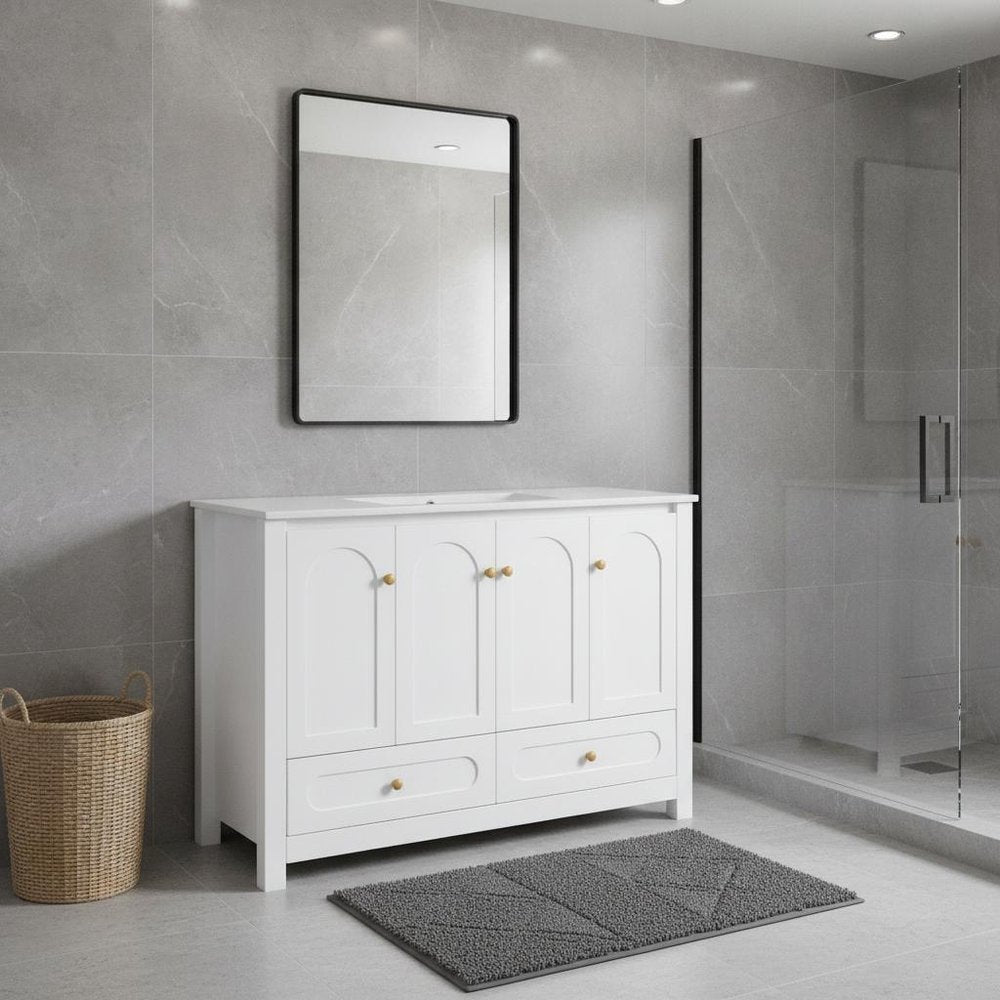 48" White Wood Freestanding Four Door Bathroom Vanity With Sink And Two Drawers