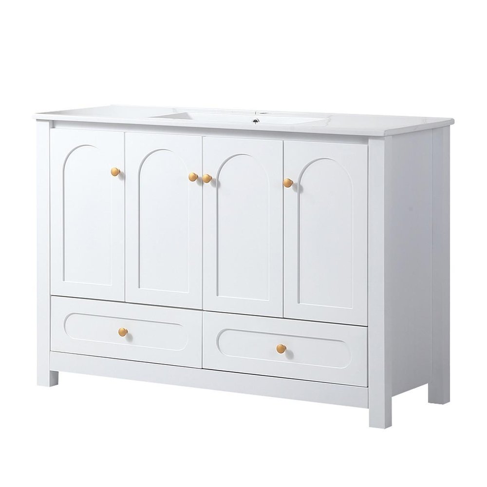48" White Wood Freestanding Four Door Bathroom Vanity With Sink And Two Drawers. Bathroom vanity isolated on a plain white background, finished in white wood.