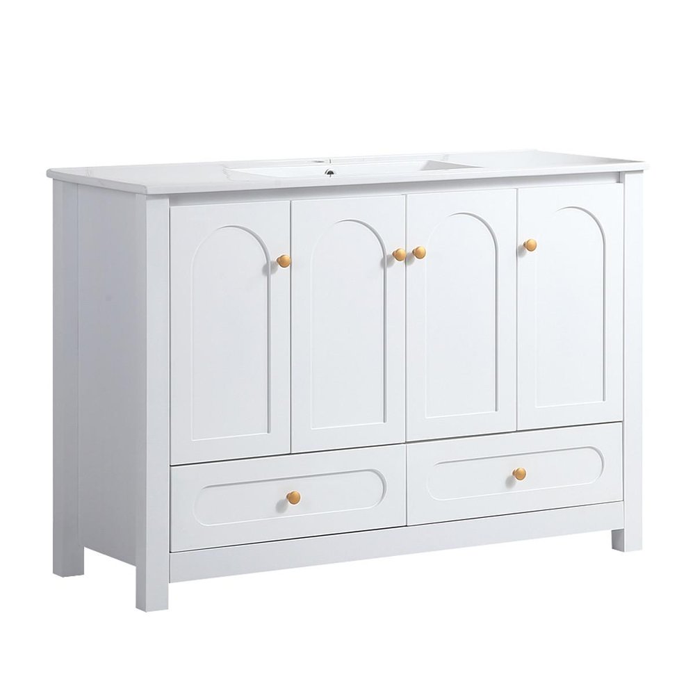 48" White Wood Freestanding Four Door Bathroom Vanity With Sink And Two Drawers