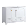 48" White Wood Freestanding Four Door Bathroom Vanity With Sink And Two Drawers. Bathroom vanity isolated on a plain white background, showing a white wood surface.