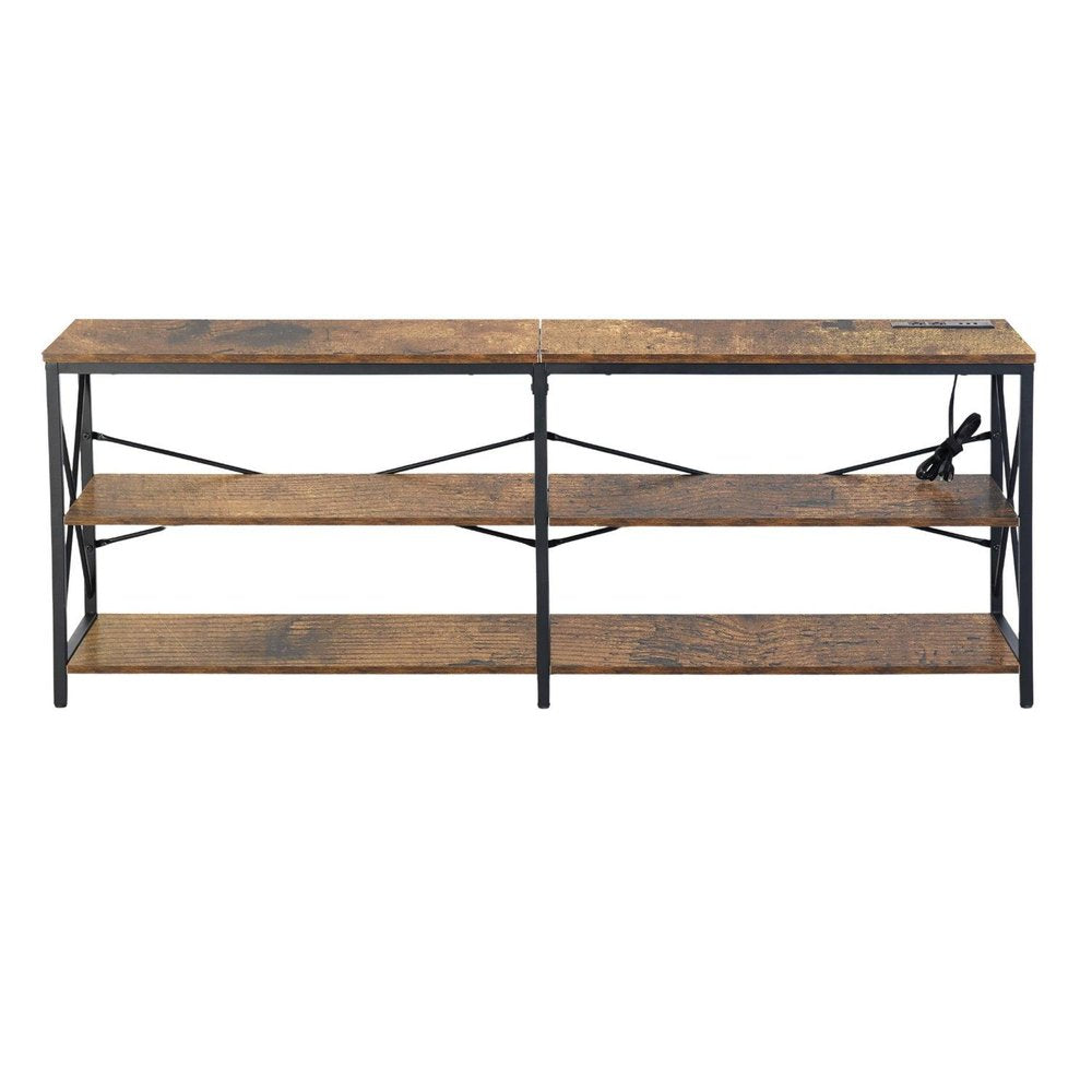 63" Brown And Black Wood Open Shelving TV Stand