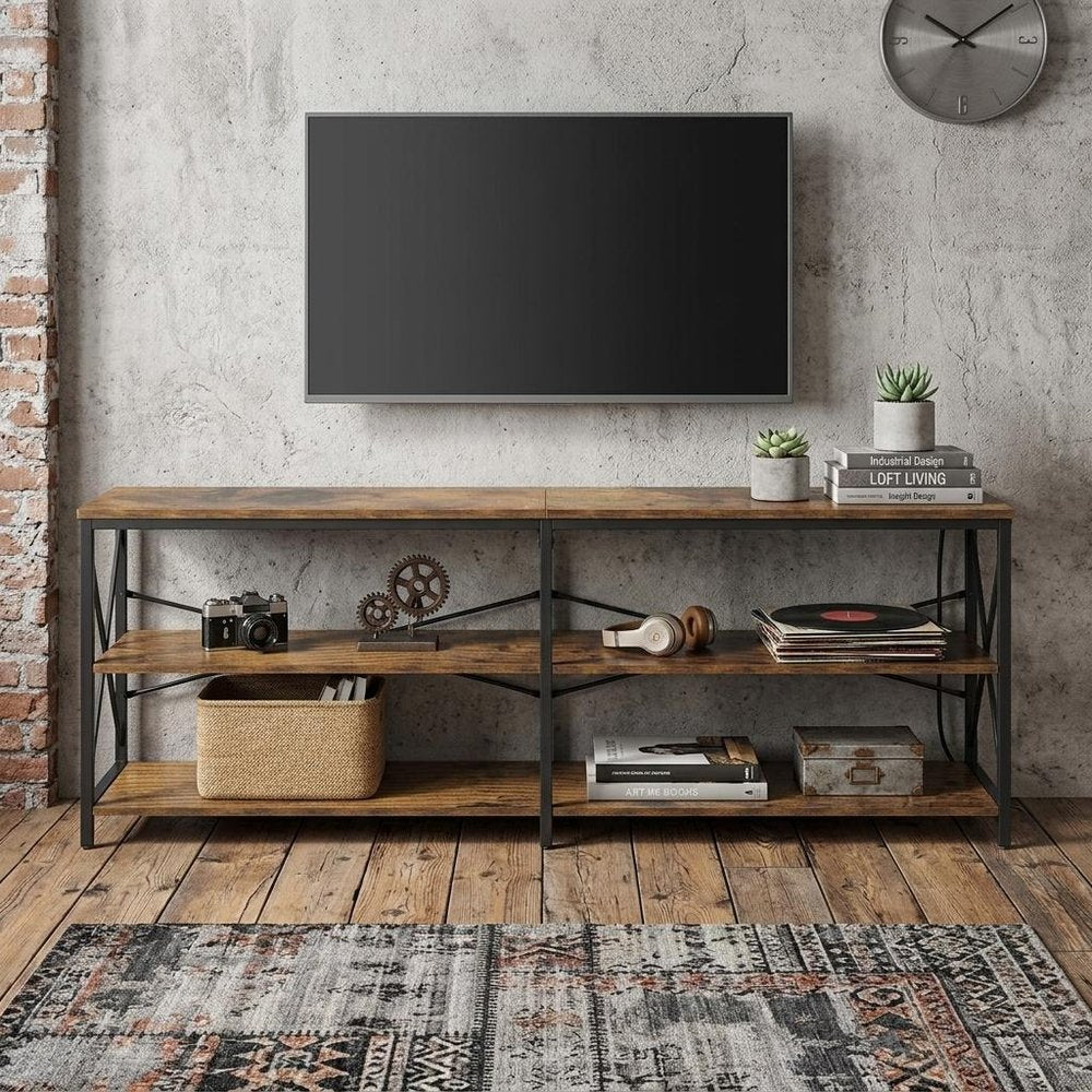 63" Brown And Black Wood Open Shelving TV Stand. TV stand in black wood.