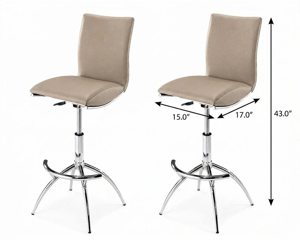 Set of Two Brown and Silver Metal and Faux Leather Low Back Adjustable Height Bar Chairs