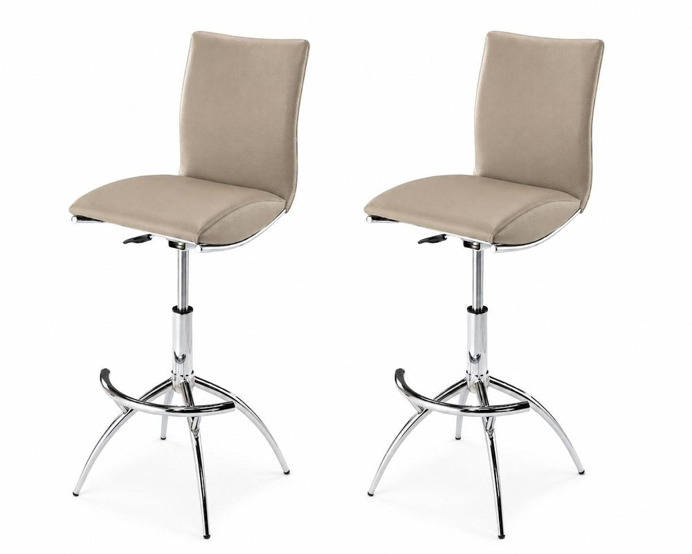 Set of Two Brown and Silver Metal and Faux Leather Low Back Adjustable Height Bar Chairs