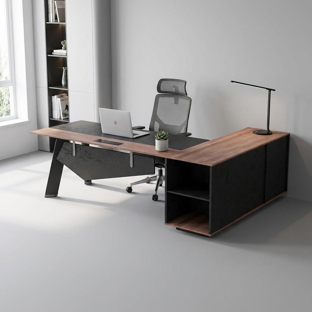 63" Black and Brown Wood and Steel L Shape Pedestal Executive Desk With Four Cabinets And