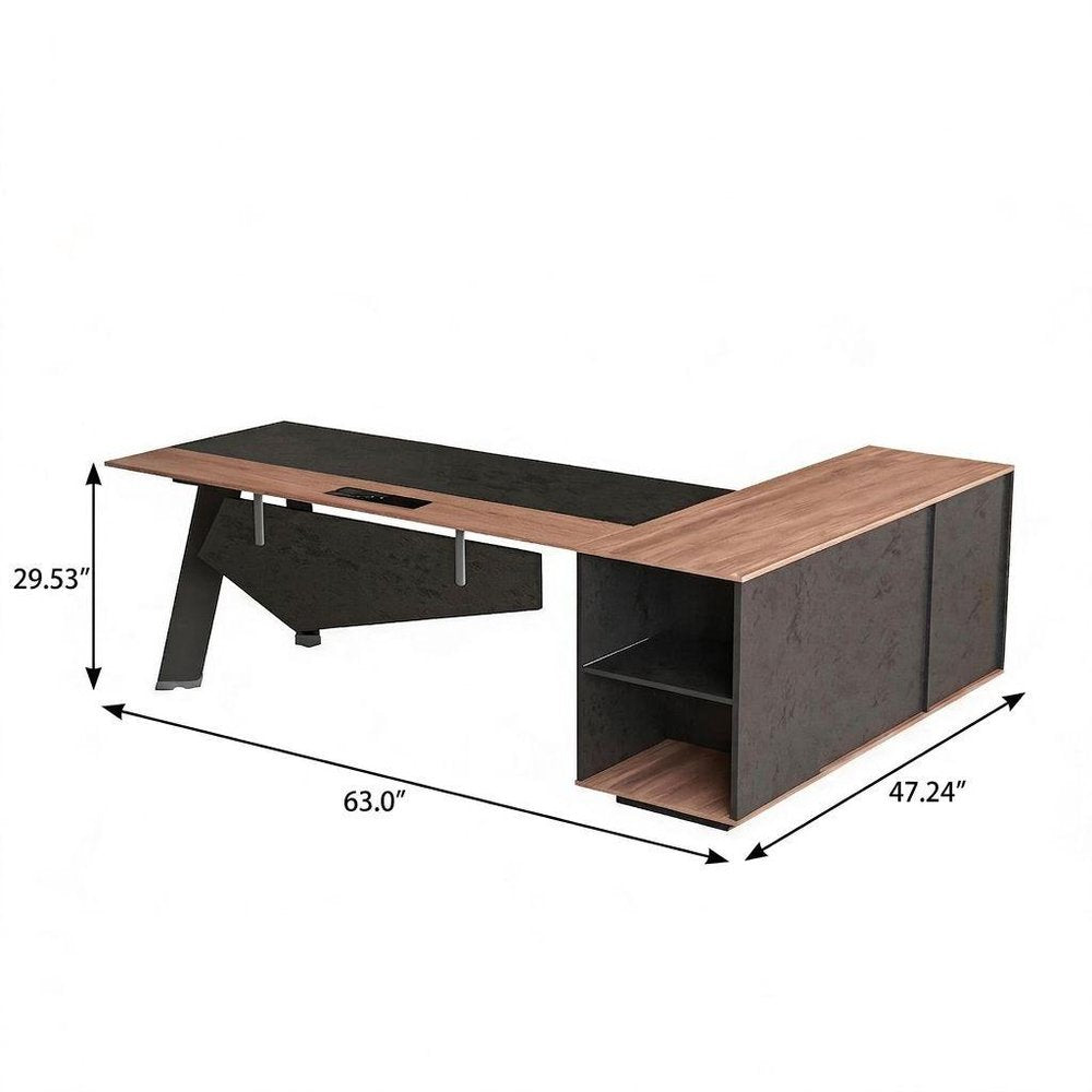 63" Black and Brown Wood and Steel L Shape Pedestal Executive Desk With Four Cabinets And