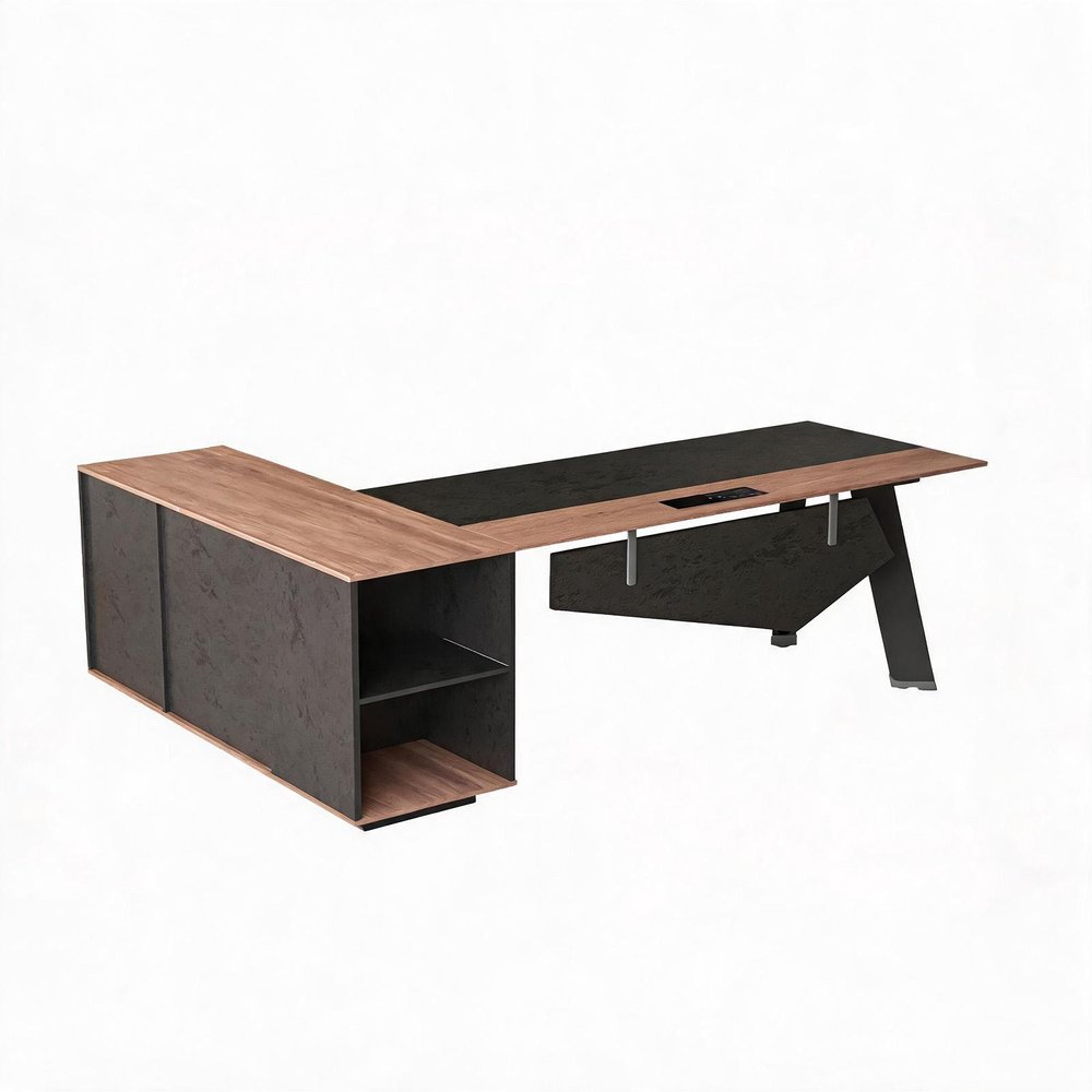63" Black And Brown Wood And Steel L Shape Pedestal Executive Desk With Four Cabinets. Desk isolated on a plain white background, finished in black metal.