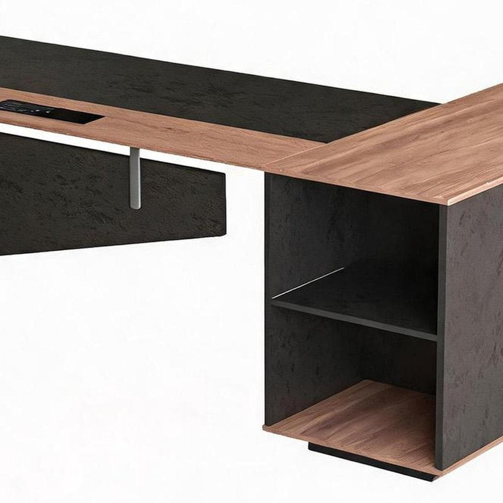 63" Black and Brown Wood and Steel L Shape Pedestal Executive Desk With Four Cabinets And