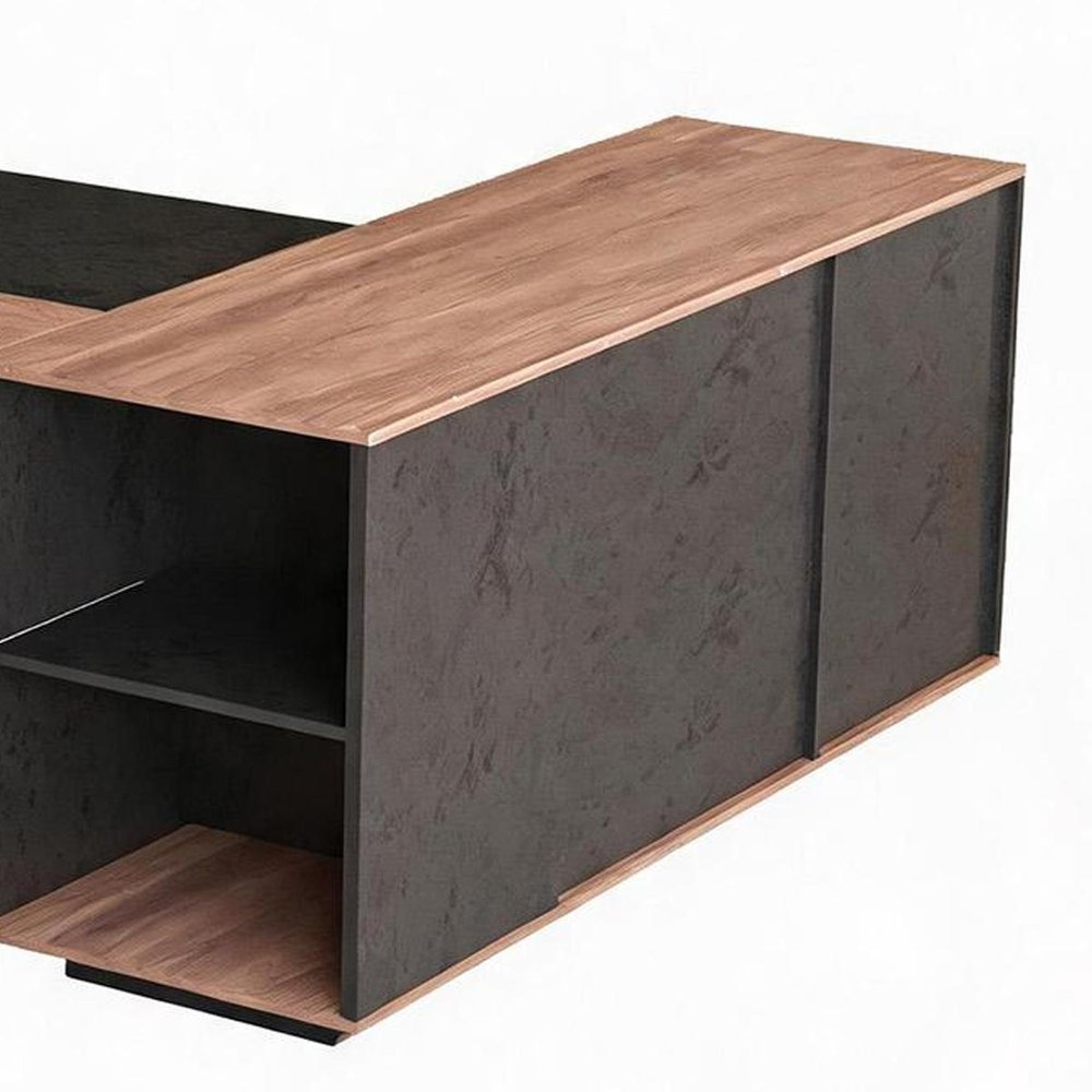 63" Black and Brown Wood and Steel L Shape Pedestal Executive Desk With Four Cabinets And
