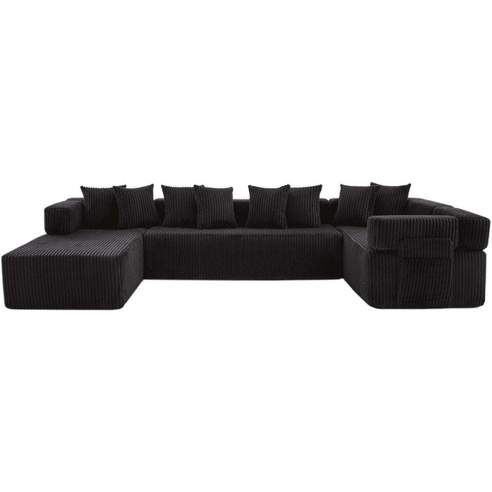 Black Corduroy Modular U Shaped Three Piece Corner Sectional With Console And Toss Pillows