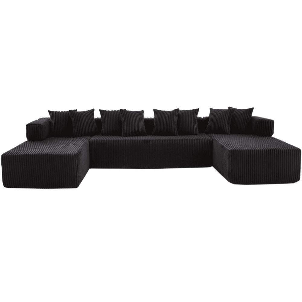 Black Corduroy Modular U Shaped Three Piece Corner Sectional With Console And Toss Pillows