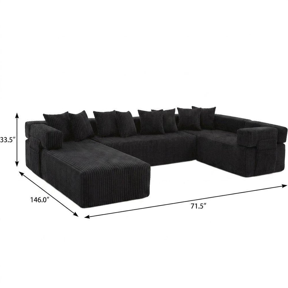 Black Corduroy Modular U Shaped Three Piece Corner Sectional With Console And Toss Pillows