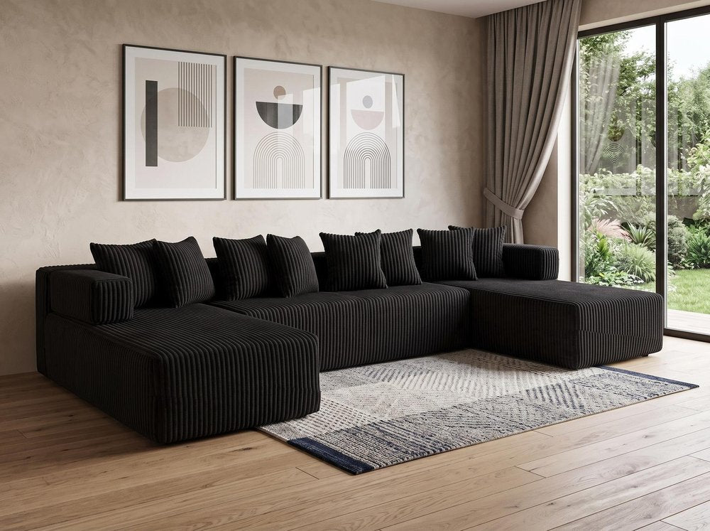 Black Corduroy Modular U Shaped Three Piece Corner Sectional With Console And Toss Pillows