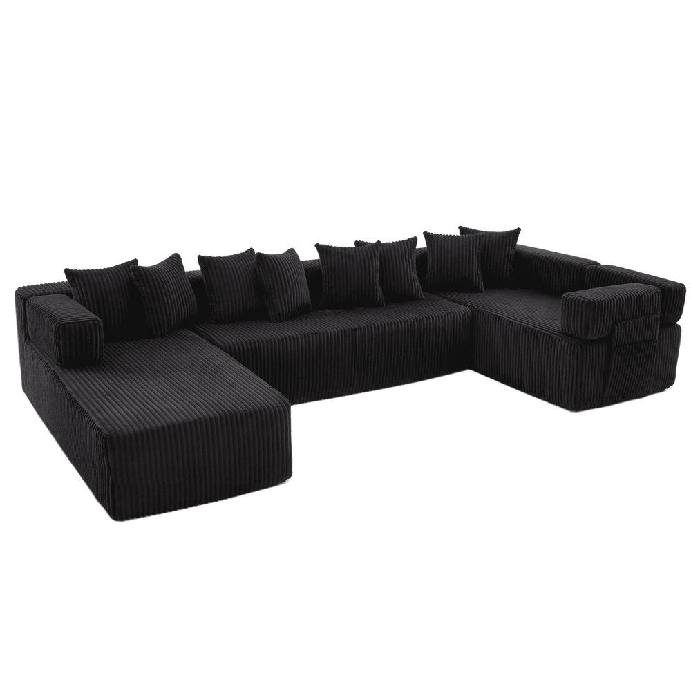Black Corduroy Modular U Shaped Three Piece Corner Sectional With Console And Toss Pillows