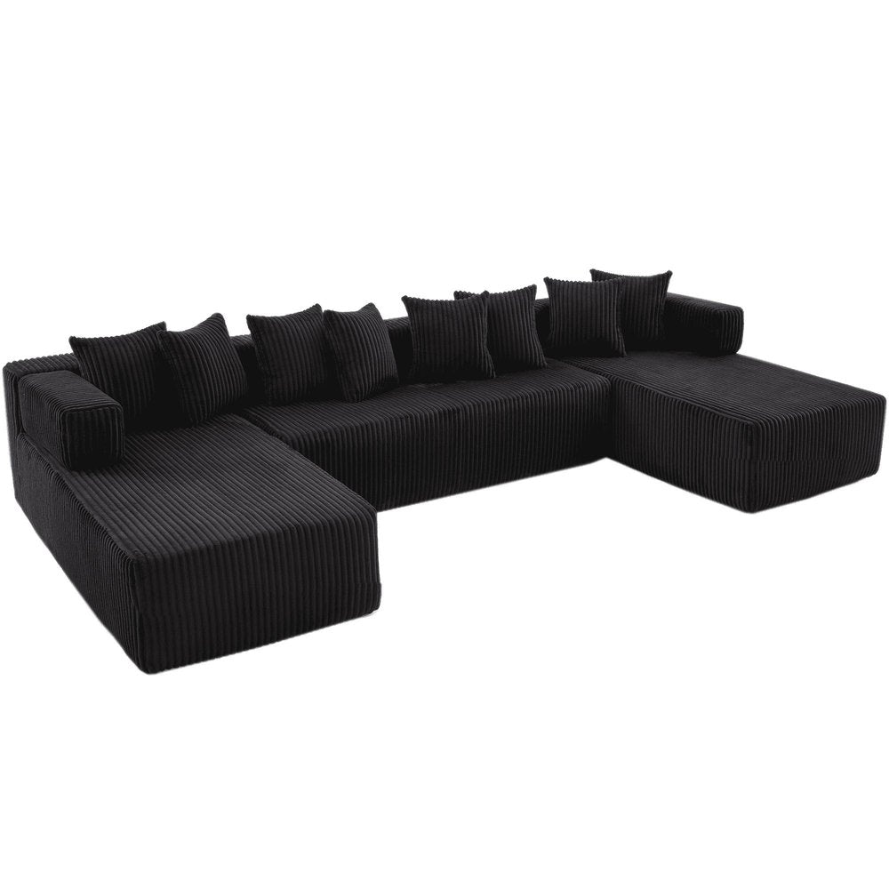 Black Corduroy Modular U Shaped Three Piece Corner Sectional With Console And Toss Pillows