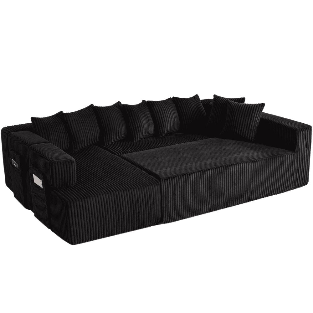 Black Corduroy Modular U Shaped Three Piece Corner Sectional With Console And Toss Pillows