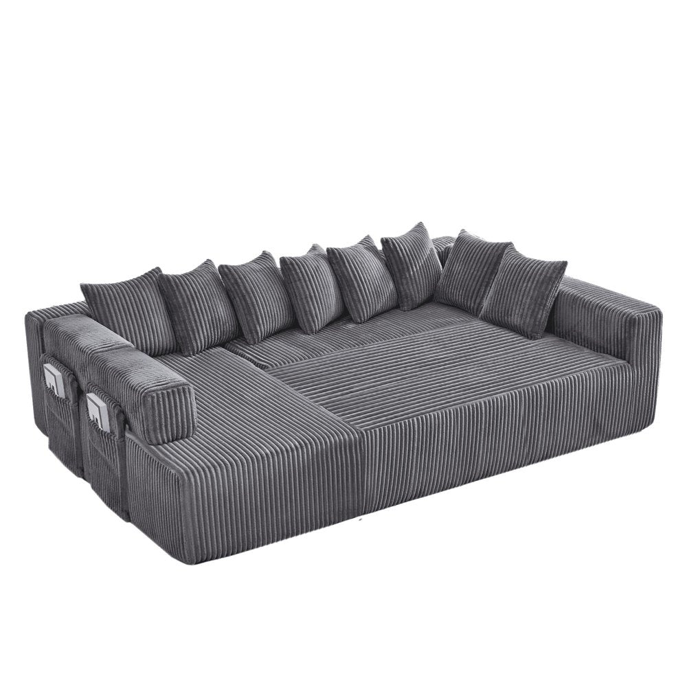 Dark Gray Corduroy Modular U Shaped Three Piece Corner Sectional With Console And Toss Pillows