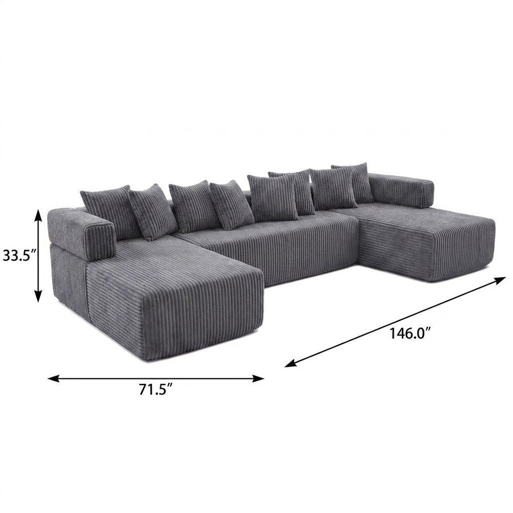 Dark Gray Corduroy Modular U Shaped Three Piece Corner Sectional With Console And Toss Pillows