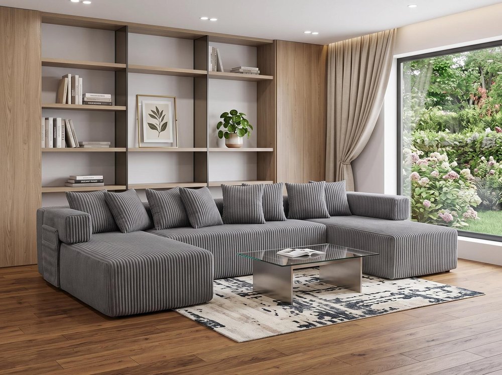 Dark Gray Corduroy Modular U Shaped Three Piece Corner Sectional With Console And Toss Pillows