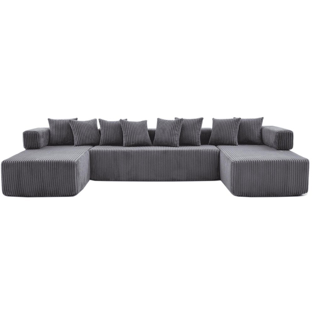 Dark Gray Corduroy Modular U Shaped Three Piece Corner Sectional With Console And Toss Pillows