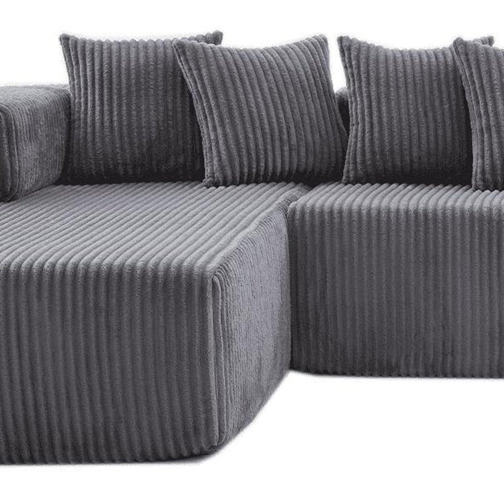 Dark Gray Corduroy Modular U Shaped Three Piece Corner Sectional With Console And Toss Pillows on a white background