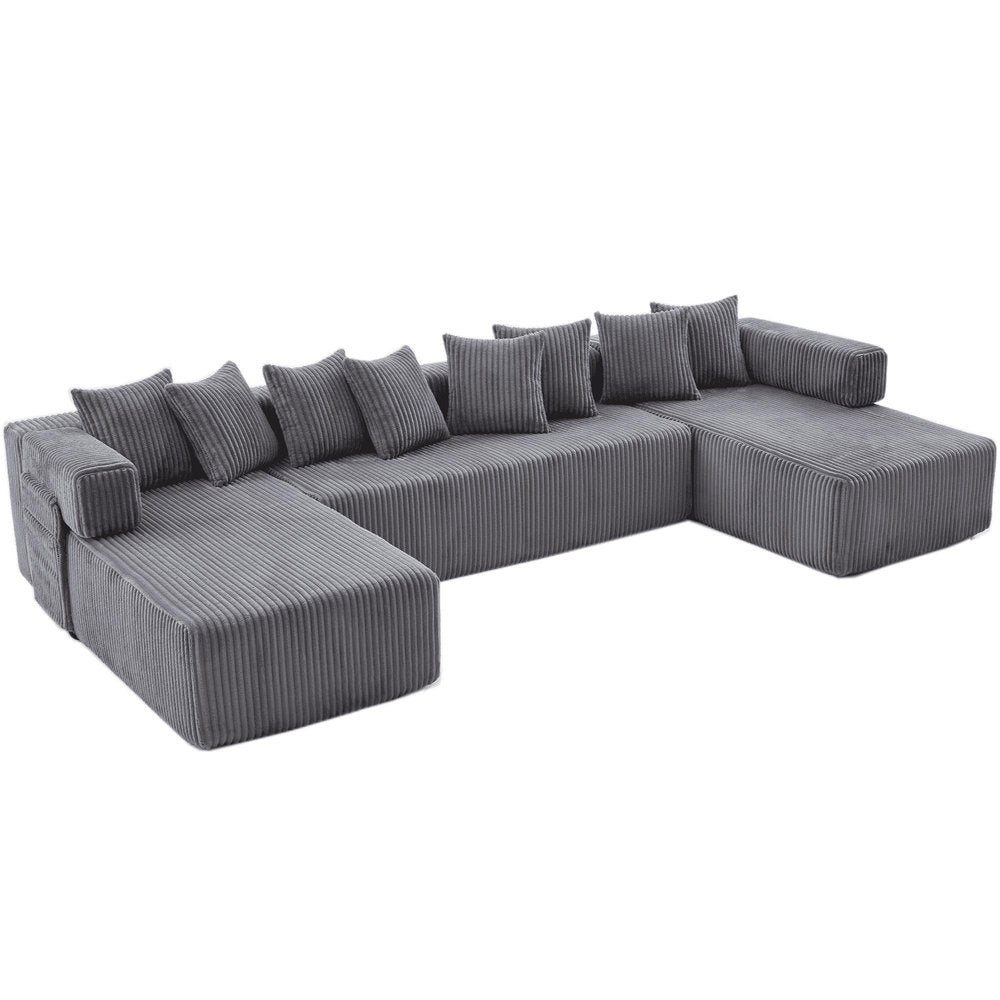 Dark Gray Corduroy Modular U Shaped Three Piece Corner Sectional With Console And Toss Pillows
